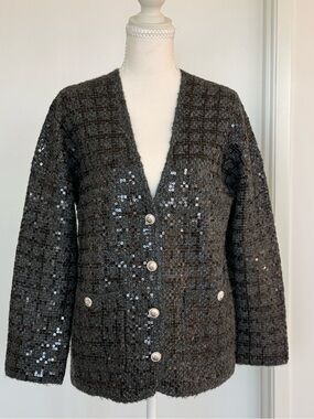 Maje Charcoal Sequin Bouclé Blazer Jacket
